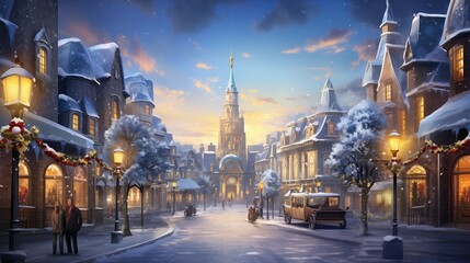 Fototapeta premium Winter Cityscape with Snowy Streets at Dusk