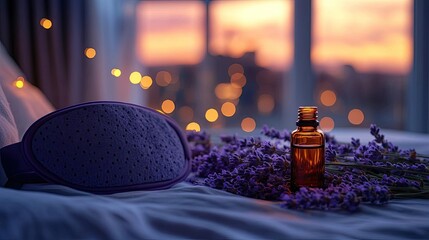 A sleep mask and lavender essential oil on a bedside table, promoting good sleep
