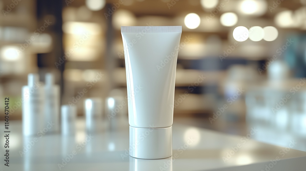 Poster minimalist white cosmetic product tube in elegant soft-focused retail display setting : generative a