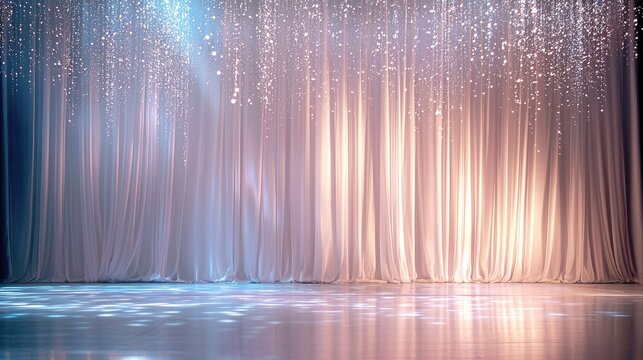an elegant and subtle backdrop for a ballet stage, wintery, sparkle, soft, simple, pastels, evening, sunset, starry, night, beautiful, scenic