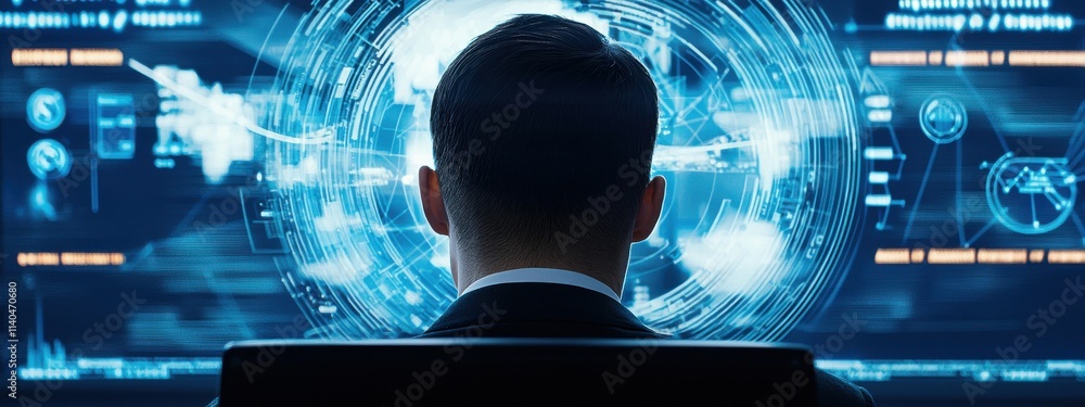 Aufkleber business professional engaged with futuristic digital interface displaying global data analytics and