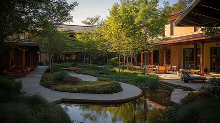 Tranquil Courtyard Retreat with Lush Greenery and Pathway in Modern Building Complex : Generative AI