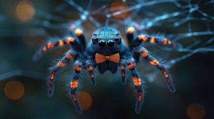 Close-up of a cute, fuzzy cartoon spider with orange and black patterns wearing a bow tie, perched on a delicate web.