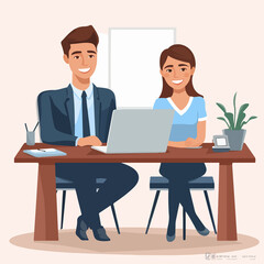Collaborative Cartoon Businessman and Woman Working on Office Desk Illustration