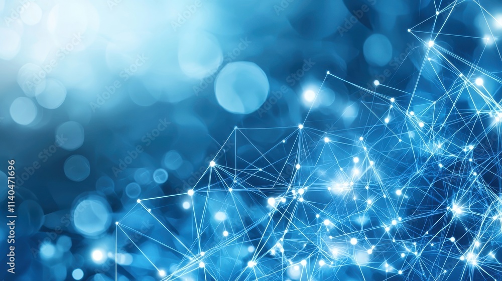 Poster abstract blue digital background with light bokeh effects, interconnected lines, and glowing nodes r