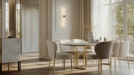 Chic dining room showcasing an elegant table with brass or gold legs, surrounded by elegant chairs upholstered in velvet or bouclÃ© in soft tones.