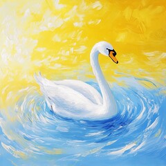 Obraz premium Swan in water with blue and yellow background
