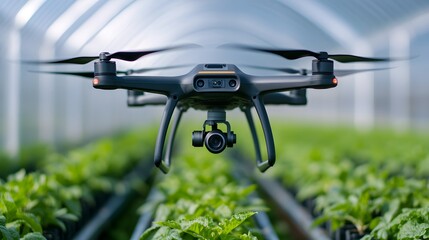 A drone hovers above lush green plants in a greenhouse, showcasing modern agricultural technology for monitoring and managing crops.