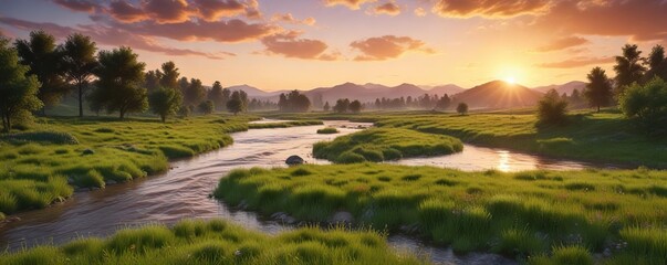 River flowing through a lush green meadow at sunset, warm colors, serene atmosphere
