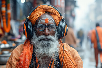 Obraz premium Man wearing headphones and a yellow face paint. He is wearing a yellow robe. He is sitting in a room