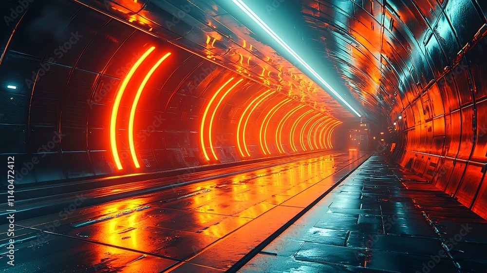 Poster futuristic neon tunnel with bold lighting and reflective surfaces : generative ai
