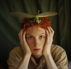 A red-haired man with freckles is posing for the camera, holding his head against a green praying mantis in front of a grey backdrop, high-resolut, portrait of an androgynous person with red hair hold