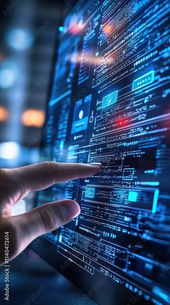 Poster futuristic hand interaction with digital interface displaying code and data analysis in a high-tech 