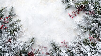 Frosted Christmas Frame with Red Berries and Green Pines, Ideal for Holiday Greetings and Seasonal Decorations