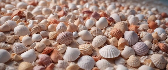 Fototapeta premium Seashells arranged in a dreamy, ombre-like composition, calming colors, wistful atmosphere, abstracted forms