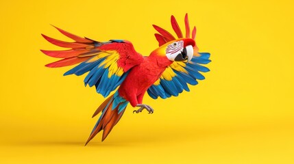 Fototapeta premium A colorful parrot in flight against a bright yellow background.