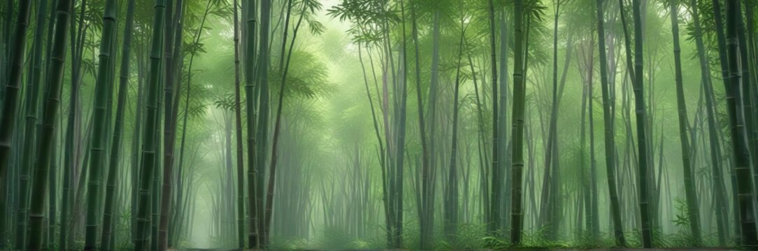 Serene bamboo forest in Pista green hues, misty atmosphere with gentle sunlight filtering through, pista green, calm and quiet