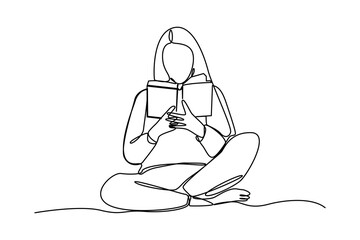 continuous line woman sitting reading a book