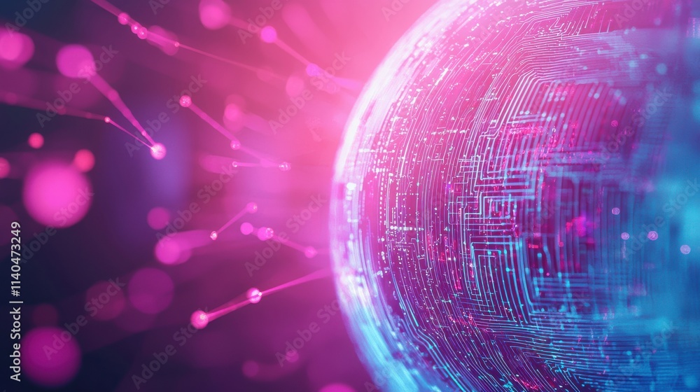 Poster futuristic digital sphere with circuit patterns and colorful particles creating a dynamic technology