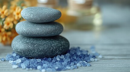 Stacked gray stones on a bed of blue sea salt, with a blurred background of yellow flowers and spa bottles..