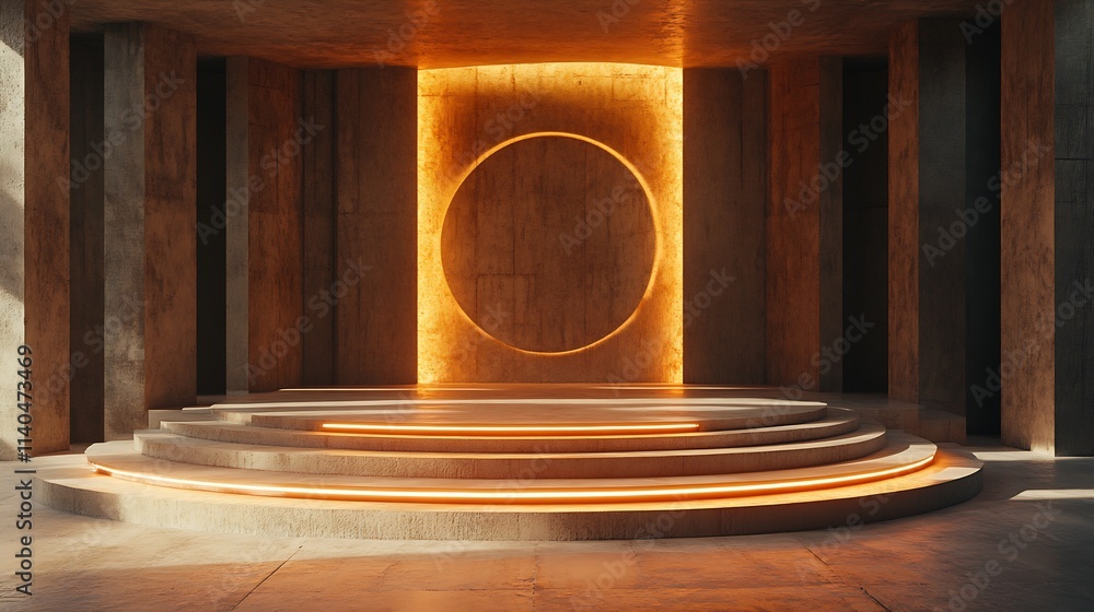 Poster Warm Toned Modern Architecture with Glowing Circular Element in Futuristic Interior Design : Generative AI