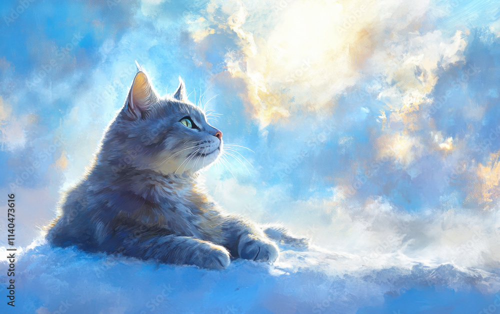 Poster a gray cat with blue eyes sits on the snow, looking up at clouds in sky, sun rays shining through th