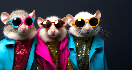 Creative animal concept. Group gang of mouse rat rodent in sparkly rock punk neon bright colour outfit, copy text space. commercial, editorial advertisement party invitation invite	
