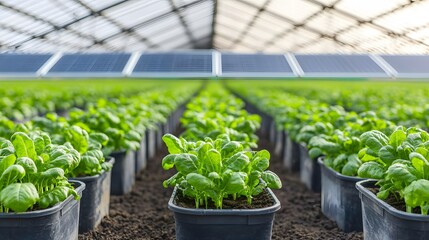 A vibrant greenhouse filled with rows of healthy green plants in pots, illuminated by natural light.