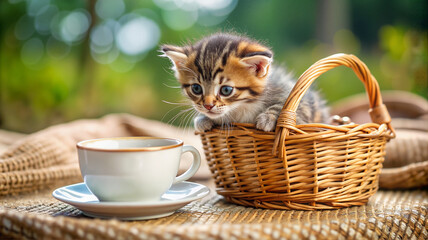 Kitten sitting in a basket beside a milk cup outdoors