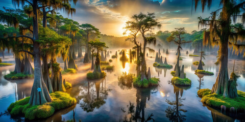 Aerial view of mystical swamp at dusk, featuring cypress trees and serene water reflections. enchanting landscape evokes sense of tranquility and wonder