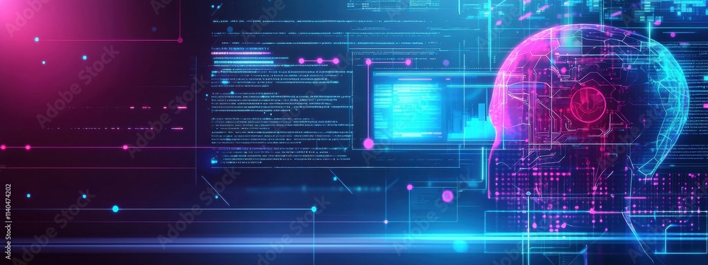 Poster futuristic digital brain concept with neon colors and abstract data visualization highlighting artif