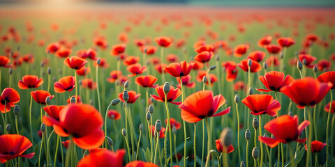 Fototapeta premium Poppy Field Dreamscape - A vast field of red poppies swaying in the wind with soft golden light. backdrop background digital art crisp oilpinting minimalist sharp details funny background copyspace