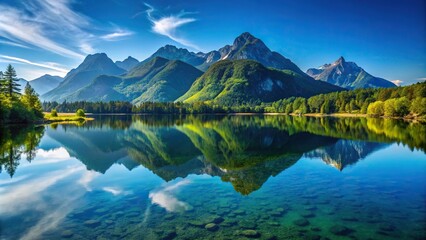 Fototapeta premium Stunning mountain landscape reflected in tropical lake under clear blue sky