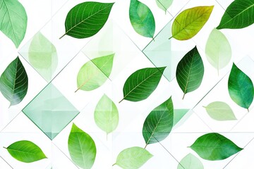 Fresh green leaves pattern with geometric shapes overlay