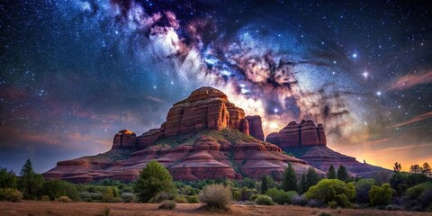Stunning night sky over iconic Bell Rock formation in Sedona Arizona