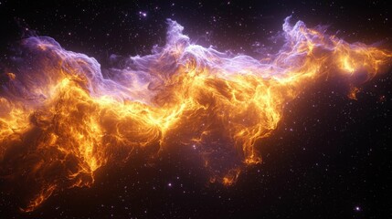 Fototapeta premium A stunning image of a vibrant nebula with fiery orange and purple hues swirling amidst the stars, showcasing a beautiful cosmic phenomenon.