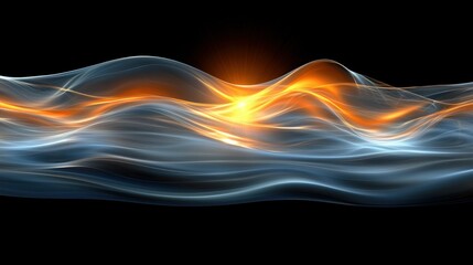 The image showcases vibrant abstract waves with fluid lines radiating a golden glow against a dark background. A dynamic composition capturing energy.