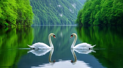 Obraz premium Serene Swans Swimming Gracefully on a Mirror-Like Lake Surrounded by Lush Green Trees and Majestic Mountains in a Tranquil Natural Landscape