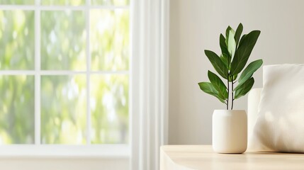 Fototapeta premium A stylish indoor plant in a minimalist pot sits on a wooden surface, illuminated by natural light from a nearby window.