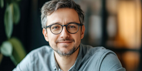 Obraz premium Smiling caucasian male adult with glasses in casual shirt indoors