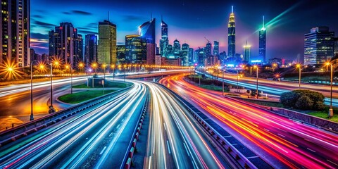 Fototapeta premium Long Exposure Photography: City Lights, Night Scene, Urban Landscape, Glowing Streets, Blurred Motion, Light Trails, Mina's Night, Dramatic Sky, Cityscape, Night Photography, Abstract Photography, 