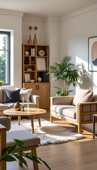 Fototapeta premium Scandinavian-inspired living room with light wood furniture and a faux fur rug. background copyspace