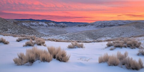 Snow-covered valley at sunset with colorful sky and sparse vegetation.
