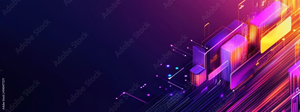 Poster vibrant abstract digital background with colorful light trails and geometric shapes creating an ener