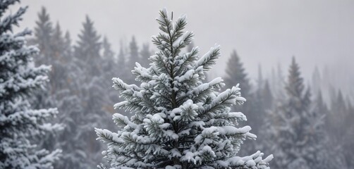 Fototapeta premium Snow-covered blue spruce tree against a grey and white sky, frosty atmosphere, cold weather, grey and white sky
