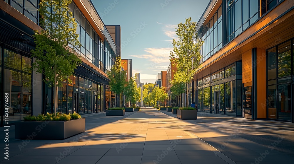 Aufkleber suburban shopping center with modern glass architecture and lush greenery enhancing open spaces : ge