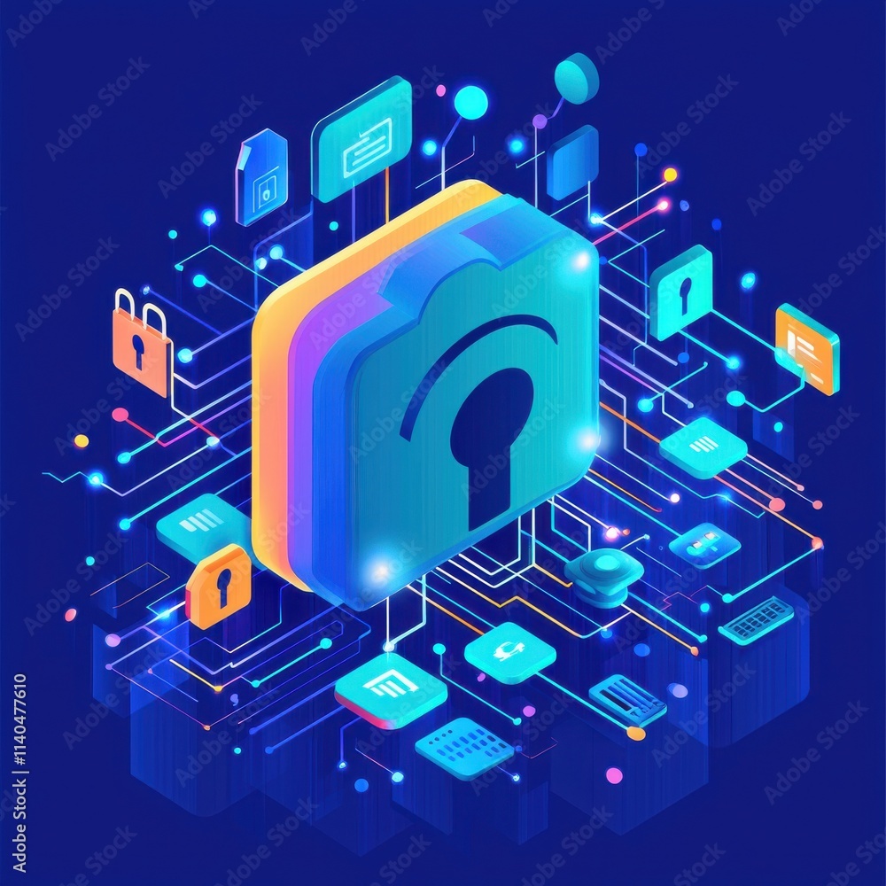 Poster modern digital security concept with colorful lock icon surrounded by glowing network connections an