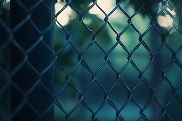 Fototapeta premium A close-up of the black chain-link fence, with a blurred background and a bokeh effect in an autumn park