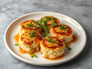 Plated gourmet crab cakes garnished with fresh herbs and a drizzle of sauce