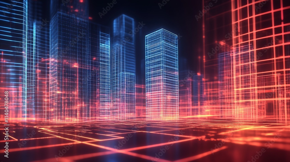 Aufkleber cyberpunk urban skyline with neon lights and digital grid structure : generative ai